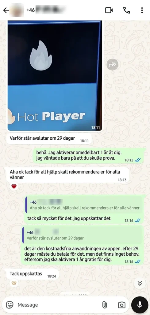 Nöjd svensk kund rekommenderar IPTV Bolaget till sina vänner – omdöme via WhatsApp